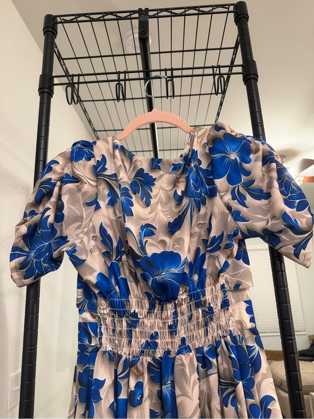 Floral A-Line Midi Dress in Blue and Cream - Picture 3 of 6